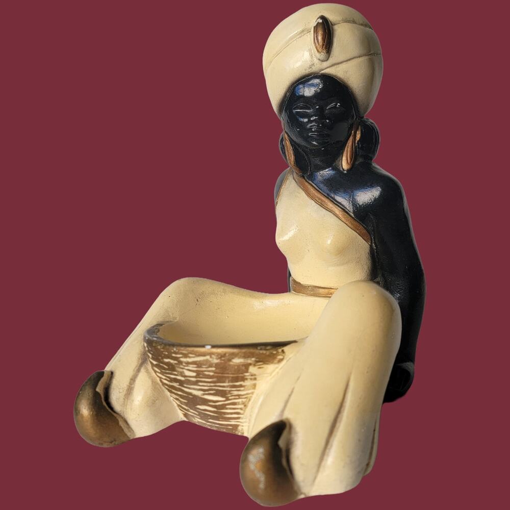 Vintage 1950s Chalkware Black, Cream & Gold Genie Woman Catchall Dish